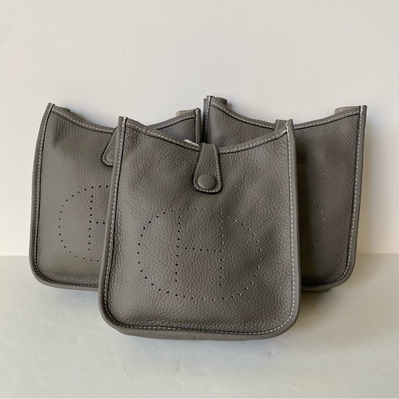 Mini TPM Dark Gray Steel Perforated H Leather Snap Button Crossbody Bag S4/B12 - Picture 9 of 12